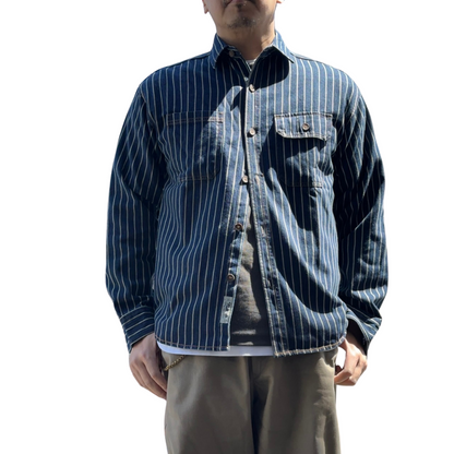 [縦ラインがデブを引き締める]デニムストライプシャツ